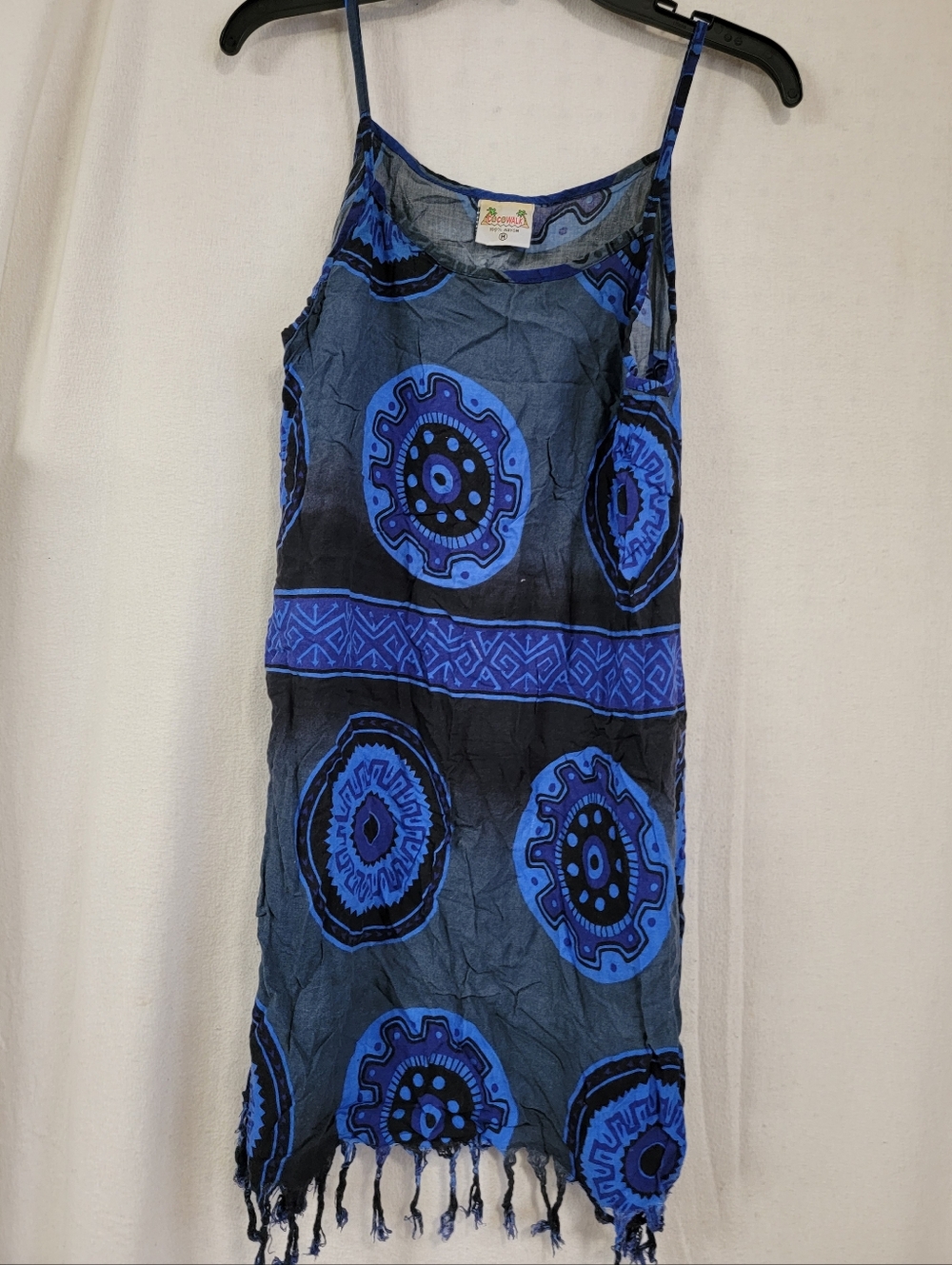 Vintage Blue Printed Spaghetti-Strap Mini Dress with Fringe Hem Size Medium